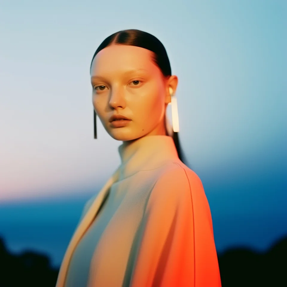 Portrait of a woman in an orange jacket against a blue background